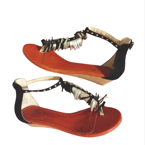 Matt Bernson Studded Fringed Sandals Black and White Suede Thong Wedge Sandals - Picture 12 of 12